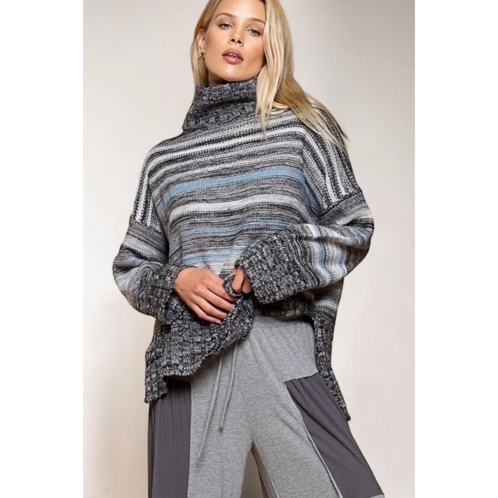 POL Heather Black Gray Blue Striped Relaxed Fit Turtleneck Sweater - Picture 7 of 8
